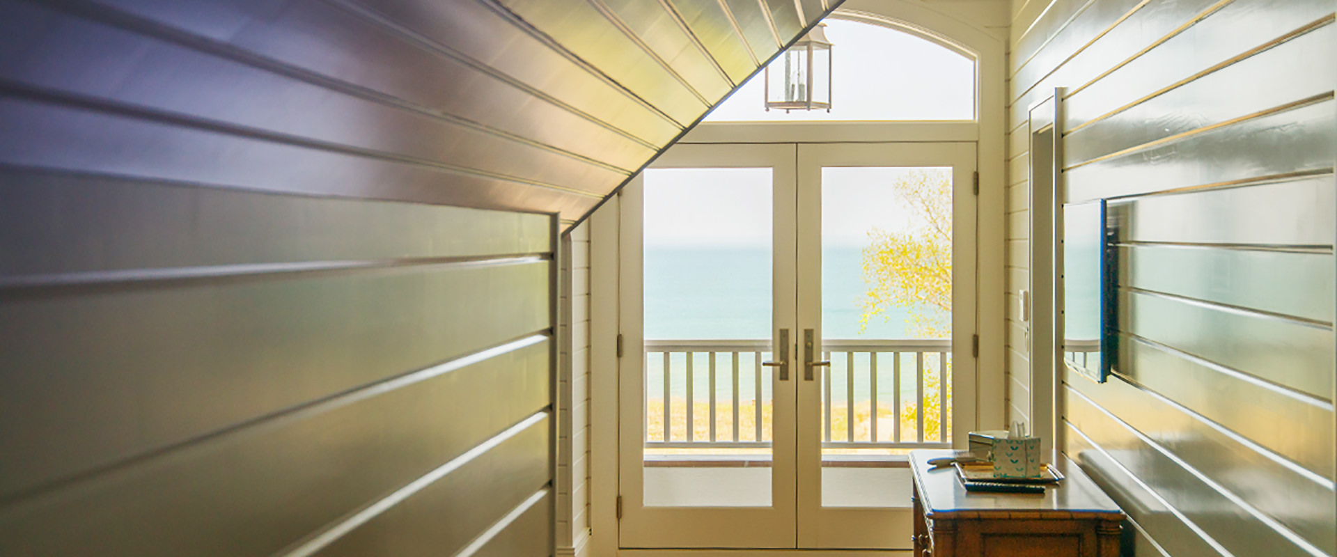 Master bedroom entryway in a custom beach home along Lake Michigan.